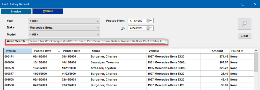 showing word search in manager se history