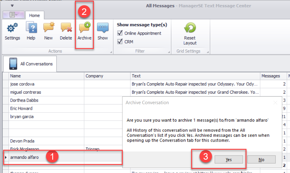 screen shot of archiving a text conversation in manager se