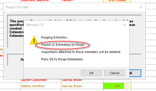 Screen showing that you want to confirm the purge of estimates in Manager SE.